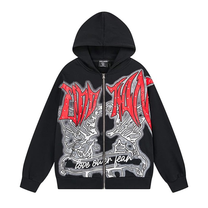 Angel Thorn Gothic Rhinestone Zipper Print Washed Hoodie 2 colors 29116530