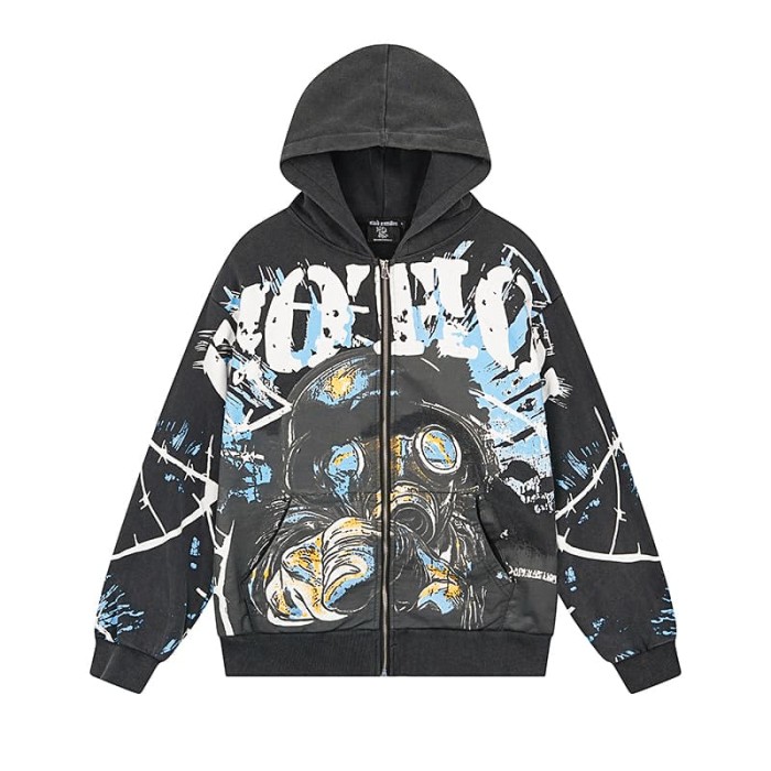 Gas Mask Wasteland Style Zipper Print Washed Hoodie 29116525