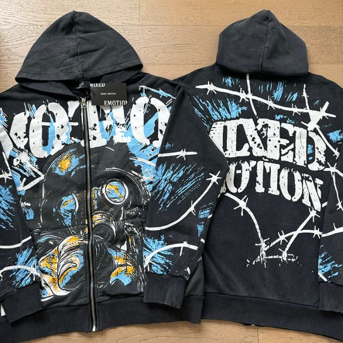 Gas Mask Wasteland Style Zipper Print Washed Hoodie 29116525