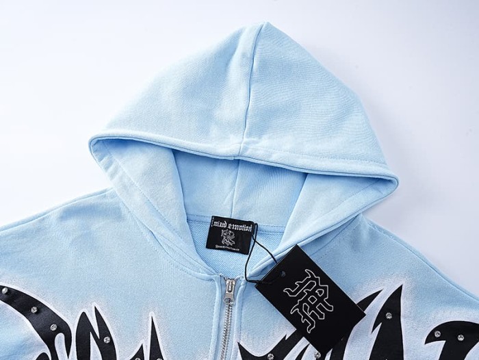 Angel Thorn Gothic Rhinestone Zipper Print Washed Hoodie 2 colors 29116530
