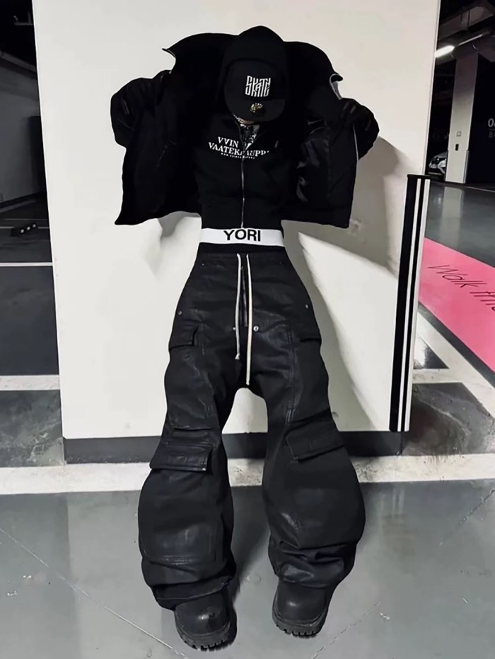 1:1 quality version Coated Wax Brushed Wide-Leg Flare Cargo Pants 29143789