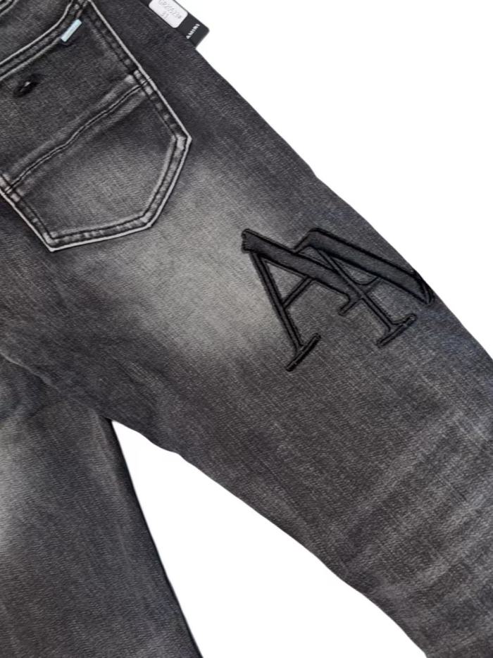 1:1 quality version Wash Multi Frayed Ripped Solid Black 3D ARI Letter Embroidery Slim Jeans 29143960