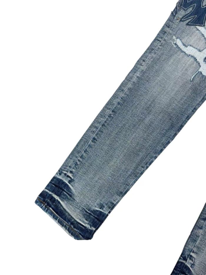 1:1 quality version Vintage Destroyed Cutout Light Blue Denim Applique Letter Embroidery Jeans 29143937