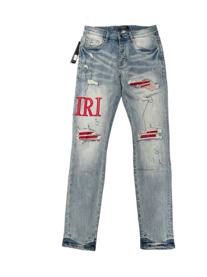 1:1 quality version Distressed Ripped Red Liner Patch Red IRI Embroidery Letter Slim Skinny Denim Jeans 29143923