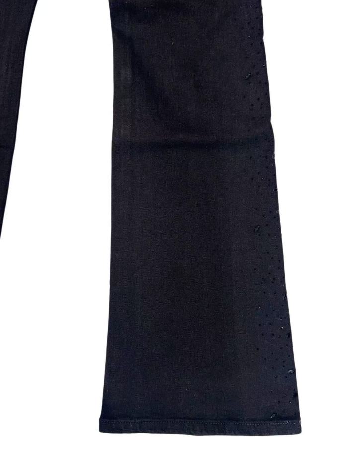 1:1 quality version Solid Black Gradient Hot Fix Rhinestone Side Panel Flare Denim Jeans 29143986