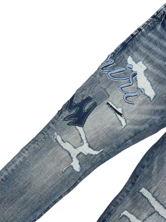 1:1 quality version Vintage Destroyed Cutout Light Blue Denim Applique Letter Embroidery Jeans 29143937