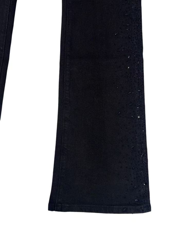 1:1 quality version Solid Black Gradient Hot Fix Rhinestone Side Panel Flare Denim Jeans 29143986