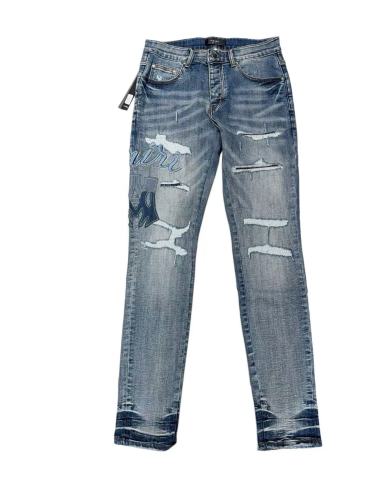 1:1 quality version Vintage Destroyed Cutout Light Blue Denim Applique Letter Embroidery Jeans 29143937