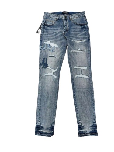 1:1 quality version Vintage Destroyed Cutout Light Blue Denim Applique Letter Embroidery Jeans 29143937