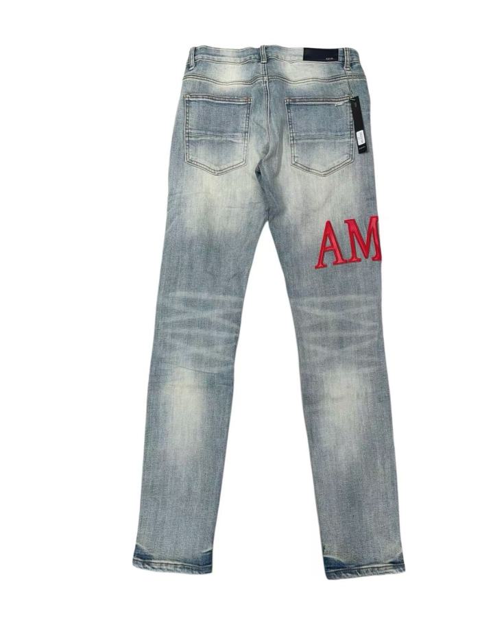 1:1 quality version Distressed Ripped Red Liner Patch Red IRI Embroidery Letter Slim Skinny Denim Jeans 29143923