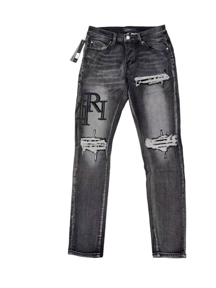 1:1 quality version Wash Multi Frayed Ripped Solid Black 3D ARI Letter Embroidery Slim Jeans 29143960
