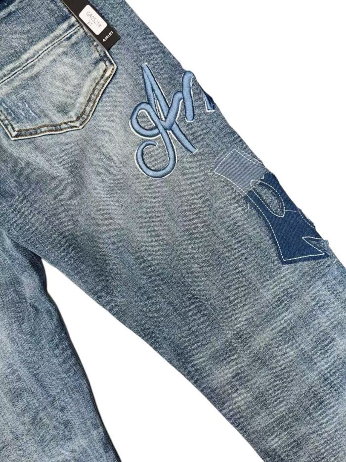 1:1 quality version Vintage Destroyed Cutout Light Blue Denim Applique Letter Embroidery Jeans 29143937