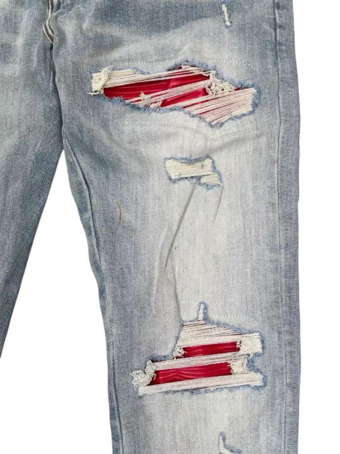 1:1 quality version Distressed Ripped Red Liner Patch Red IRI Embroidery Letter Slim Skinny Denim Jeans 29143923