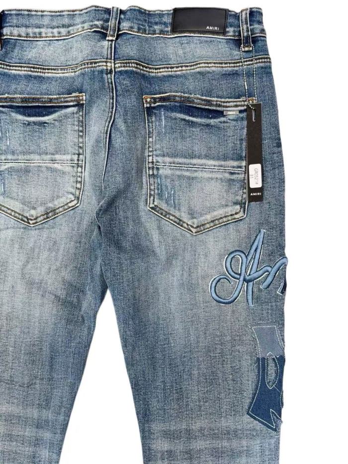 1:1 quality version Vintage Destroyed Cutout Light Blue Denim Applique Letter Embroidery Jeans 29143937