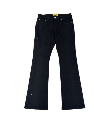 1:1 quality version Solid Black Gradient Hot Fix Rhinestone Side Panel Flare Denim Jeans 29143986