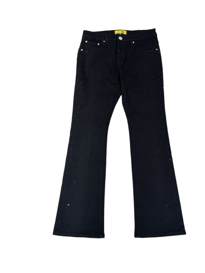 1:1 quality version Solid Black Gradient Hot Fix Rhinestone Side Panel Flare Denim Jeans 29143986