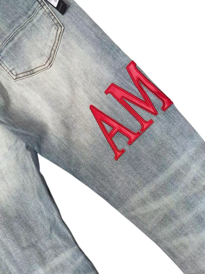 1:1 quality version Distressed Ripped Red Liner Patch Red IRI Embroidery Letter Slim Skinny Denim Jeans 29143923