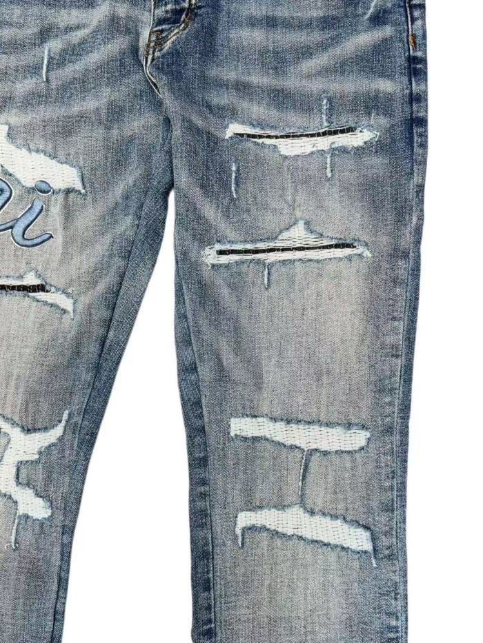 1:1 quality version Vintage Destroyed Cutout Light Blue Denim Applique Letter Embroidery Jeans 29143937