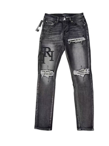 1:1 quality version Wash Multi Frayed Ripped Solid Black 3D ARI Letter Embroidery Slim Jeans 29143960