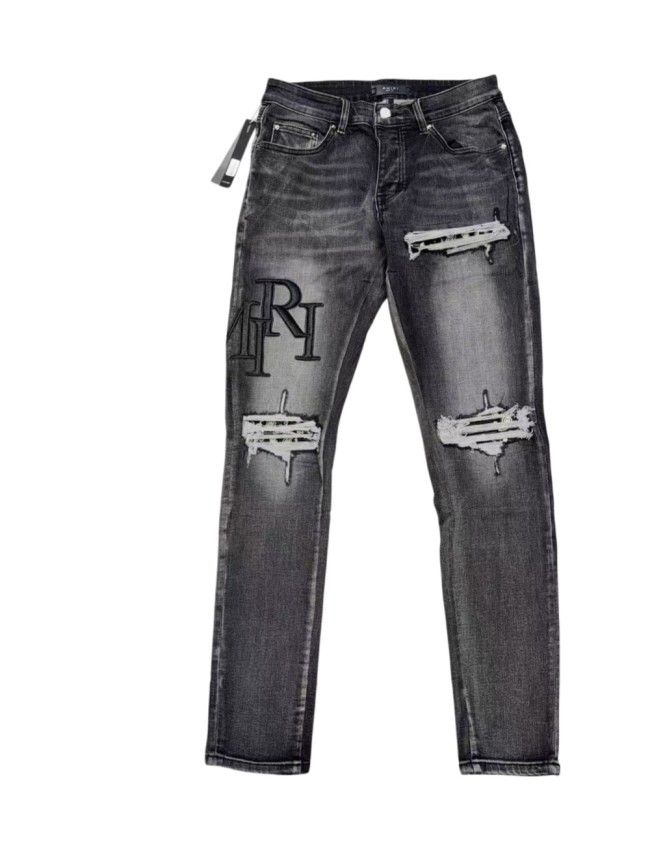1:1 quality version Wash Multi Frayed Ripped Solid Black 3D ARI Letter Embroidery Slim Jeans 29143960