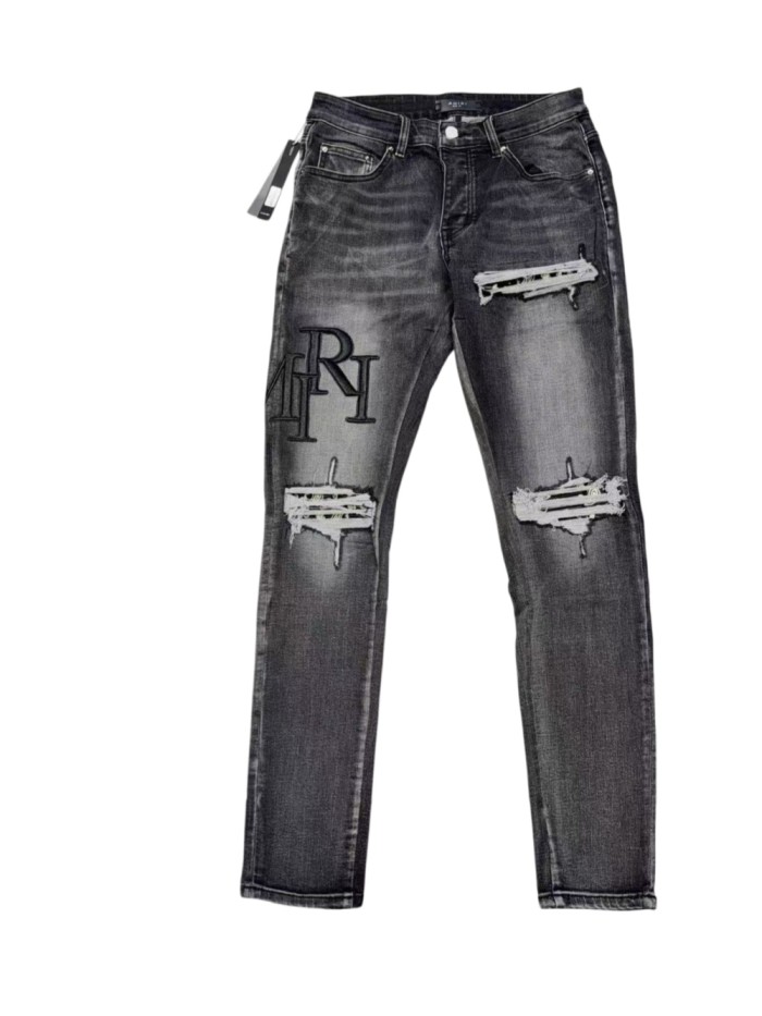 1:1 quality version Wash Multi Frayed Ripped Solid Black 3D ARI Letter Embroidery Slim Jeans 29143960