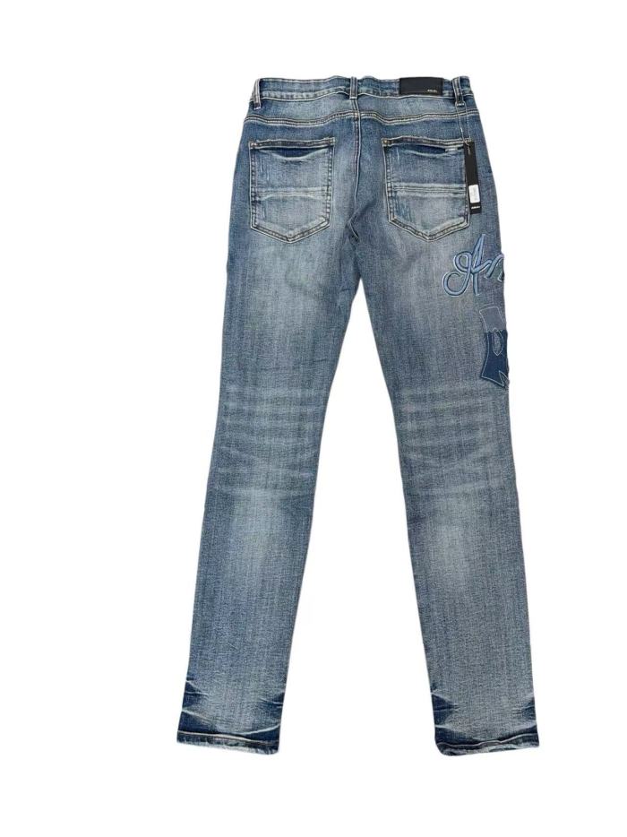 1:1 quality version Vintage Destroyed Cutout Light Blue Denim Applique Letter Embroidery Jeans 29143937