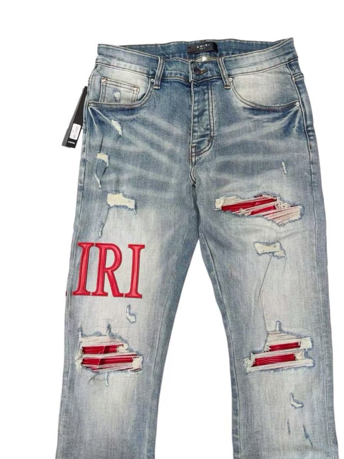 1:1 quality version Distressed Ripped Red Liner Patch Red IRI Embroidery Letter Slim Skinny Denim Jeans 29143923