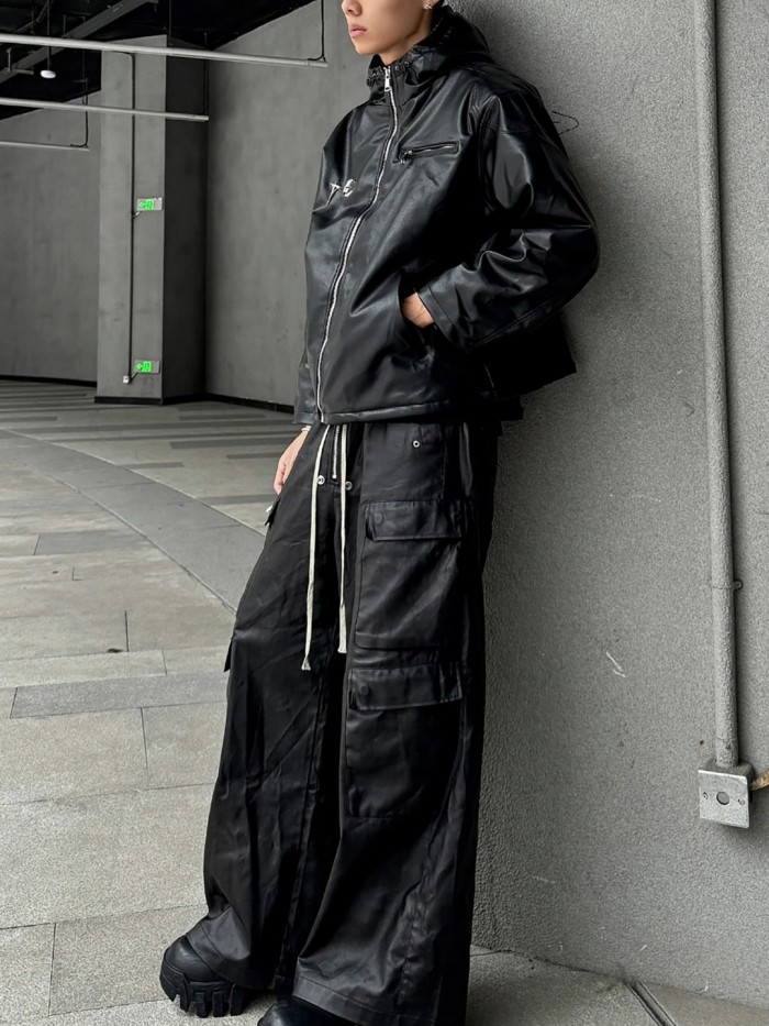 1:1 quality version Coated Wax Brushed Wide-Leg Flare Cargo Pants 29143789