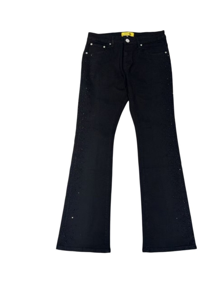 1:1 quality version Solid Black Gradient Hot Fix Rhinestone Side Panel Flare Denim Jeans 29143986