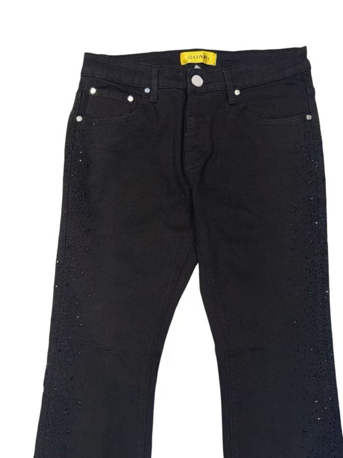 1:1 quality version Solid Black Gradient Hot Fix Rhinestone Side Panel Flare Denim Jeans 29143986