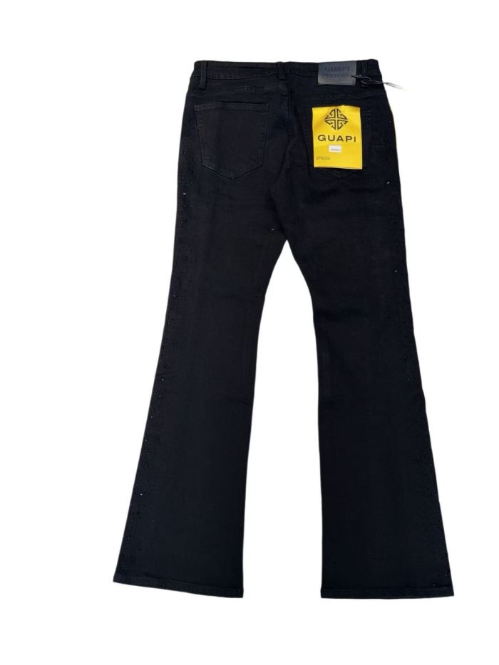 1:1 quality version Solid Black Gradient Hot Fix Rhinestone Side Panel Flare Denim Jeans 29143986