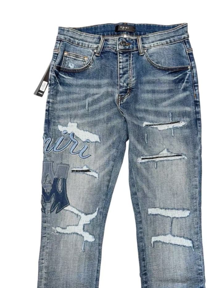 1:1 quality version Vintage Destroyed Cutout Light Blue Denim Applique Letter Embroidery Jeans 29143937