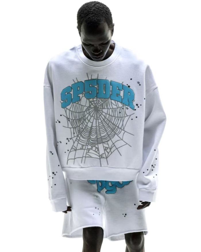 [Big & Tall for weights up to 220 lbs]1:1 quality version Blue Letter Gray Mesh Print Crew Neck Sweatshirt & Shorts Set 29168716