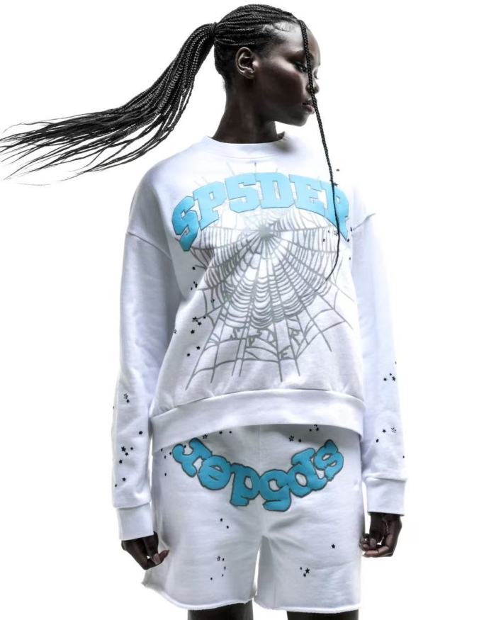 [Big & Tall for weights up to 220 lbs]1:1 quality version Blue Letter Gray Mesh Print Crew Neck Sweatshirt & Shorts Set 29168716