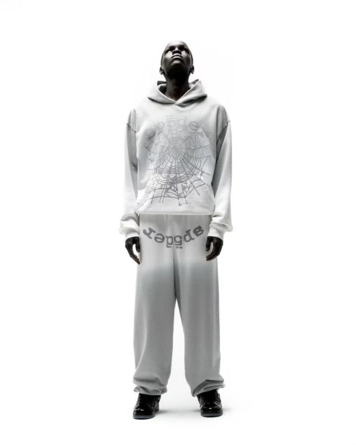 [Big & Tall for weights up to 220 lbs]1:1 quality version Gray White Dip-Dye Spider Web Print Hoodie & Pants Set 29168717