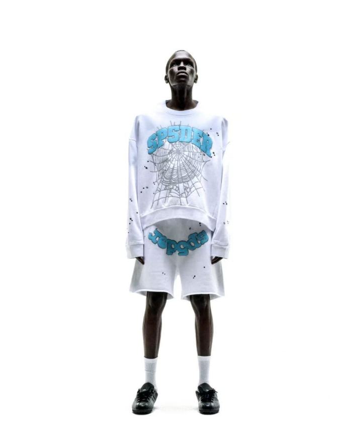 [Big & Tall for weights up to 220 lbs]1:1 quality version Blue Letter Gray Mesh Print Crew Neck Sweatshirt & Shorts Set 29168716