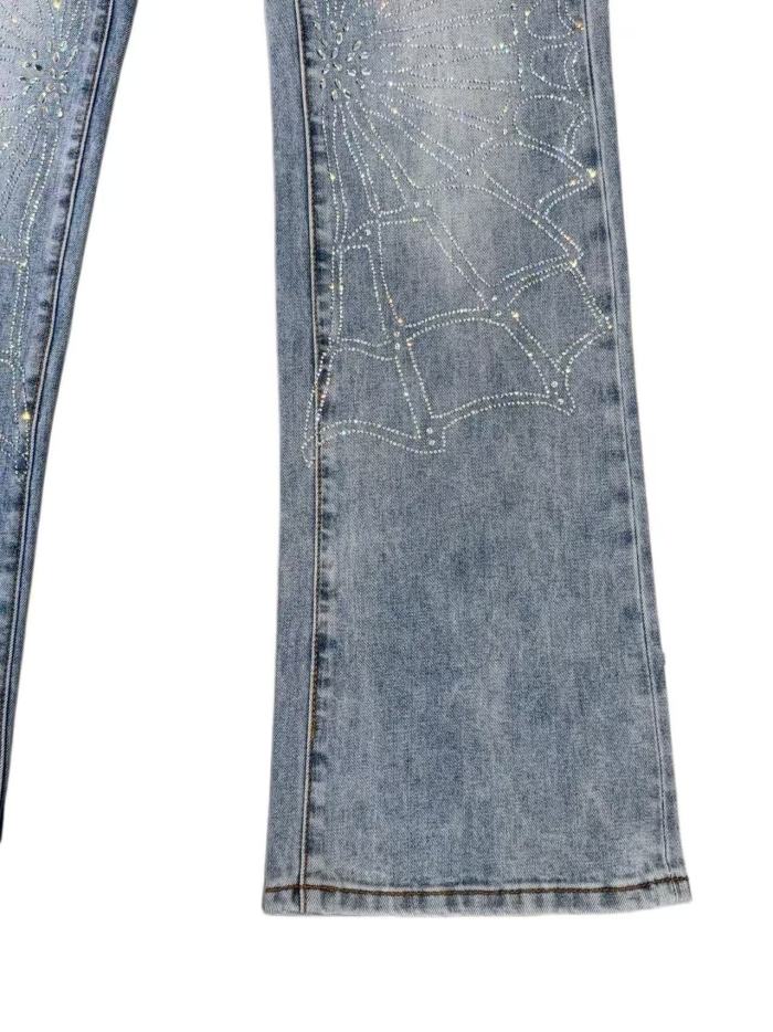 1:1 quality version Vintage Faded Light Blue Crystal Rhinestone Spider Web Flare Jeans 29164292