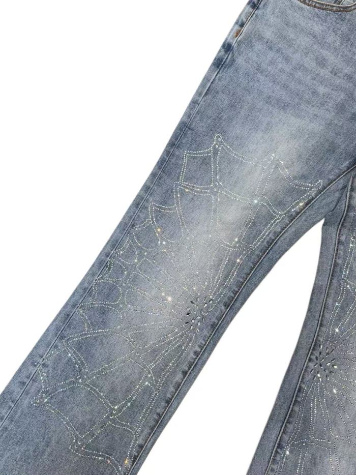 1:1 quality version Vintage Faded Light Blue Crystal Rhinestone Spider Web Flare Jeans 29164292