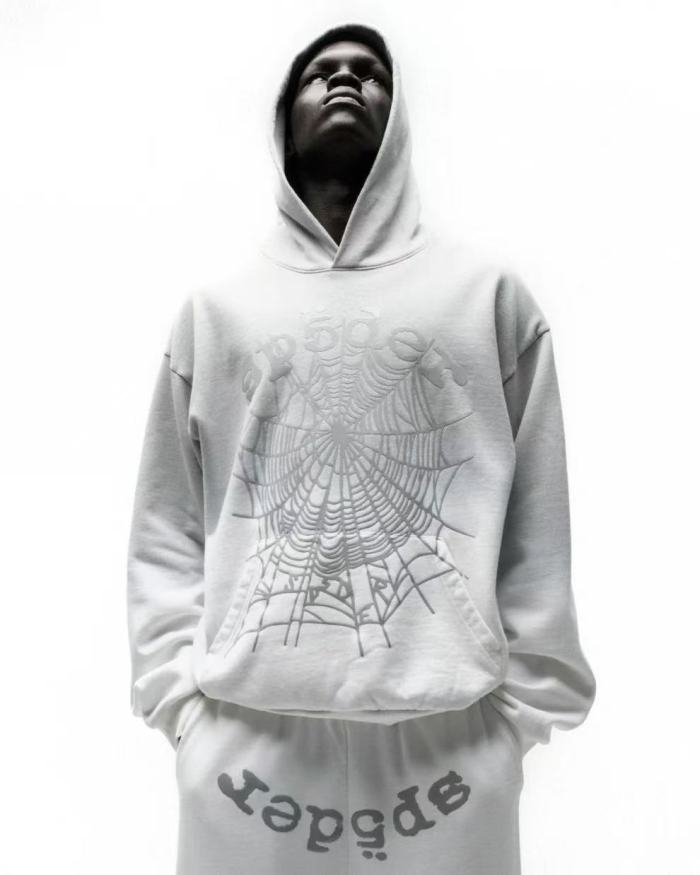 [Big & Tall for weights up to 220 lbs]1:1 quality version Gray White Dip-Dye Spider Web Print Hoodie & Pants Set 29168717