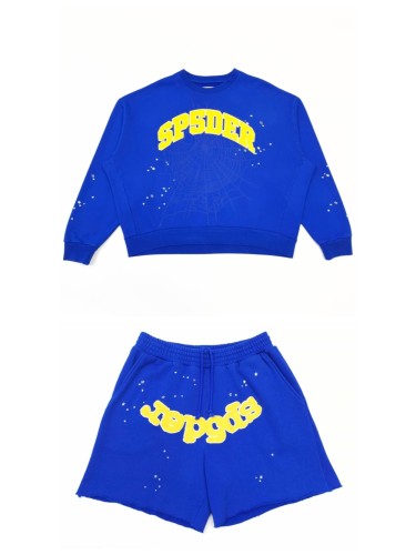 [Big & Tall for weights up to 220 lbs]1:1 quality version Yellow Letter Blue Mesh Print Crew Neck Sweatshirt & Shorts Set 29168715