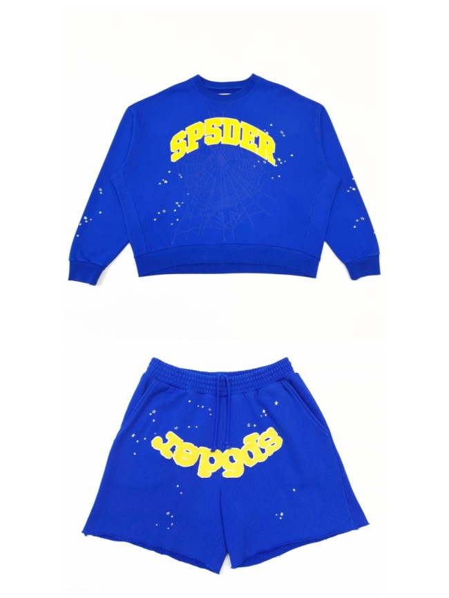 [Big & Tall for weights up to 220 lbs]1:1 quality version Yellow Letter Blue Mesh Print Crew Neck Sweatshirt & Shorts Set 29168715