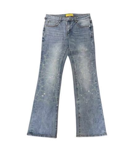 1:1 quality version Vintage Faded Light Blue Crystal Rhinestone Spider Web Flare Jeans 29164292