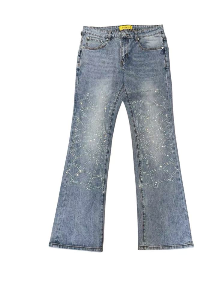 1:1 quality version Vintage Faded Light Blue Crystal Rhinestone Spider Web Flare Jeans 29164292