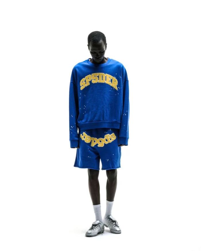 [Big & Tall for weights up to 220 lbs]1:1 quality version Yellow Letter Blue Mesh Print Crew Neck Sweatshirt & Shorts Set 29168715