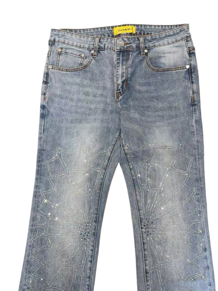 1:1 quality version Vintage Faded Light Blue Crystal Rhinestone Spider Web Flare Jeans 29164292