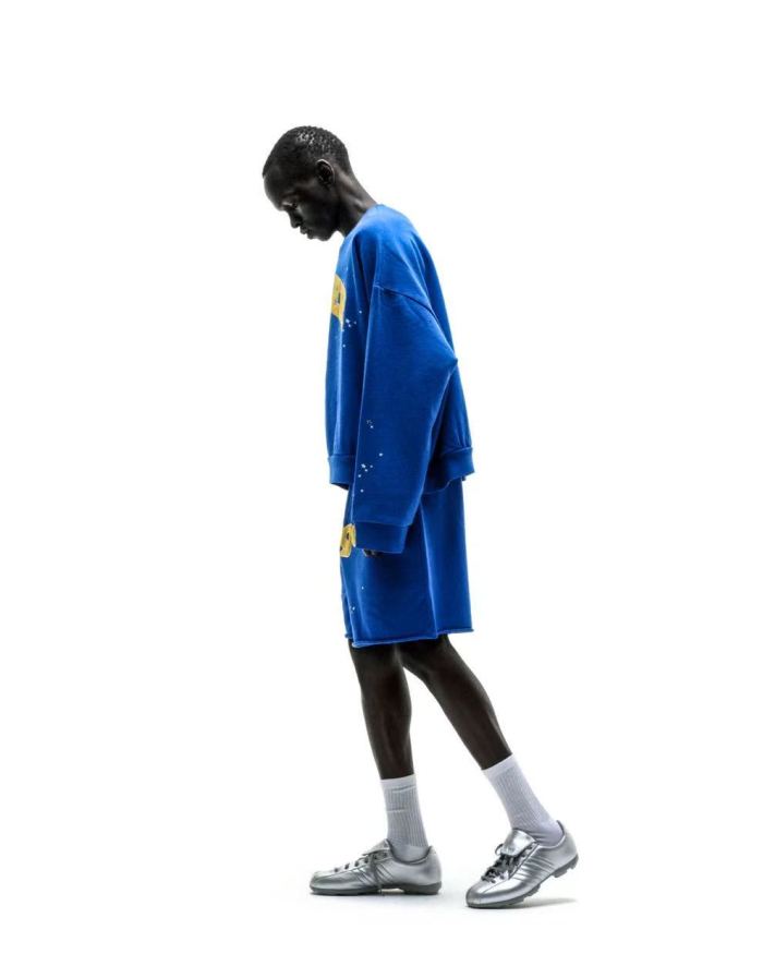 [Big & Tall for weights up to 220 lbs]1:1 quality version Yellow Letter Blue Mesh Print Crew Neck Sweatshirt & Shorts Set 29168715
