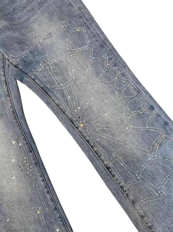 1:1 quality version Vintage Faded Light Blue Crystal Rhinestone Spider Web Flare Jeans 29164292