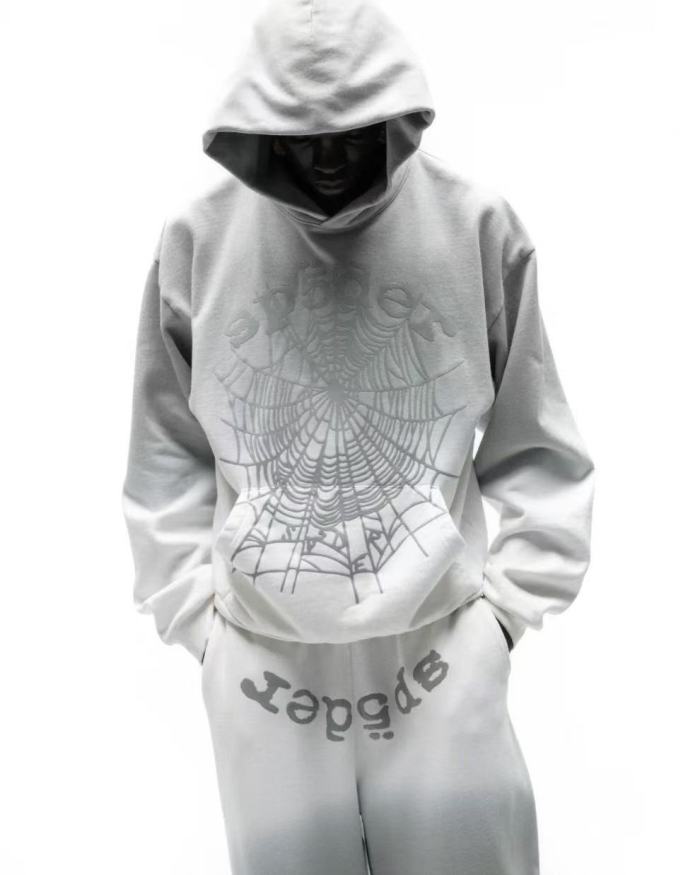 [Big & Tall for weights up to 220 lbs]1:1 quality version Gray White Dip-Dye Spider Web Print Hoodie & Pants Set 29168717