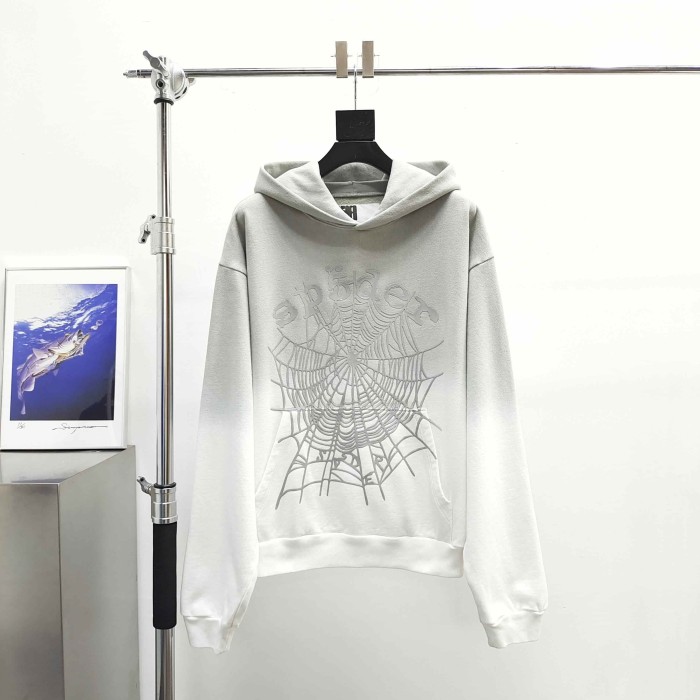 [Big & Tall for weights up to 220 lbs]1:1 quality version Gray White Dip-Dye Spider Web Print Hoodie & Pants Set 29168717