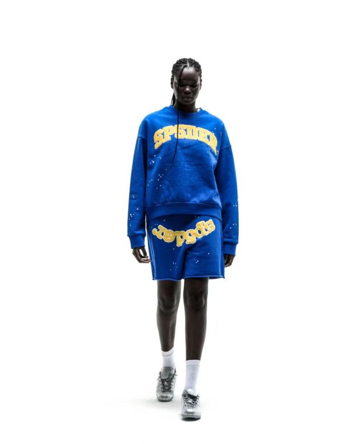[Big & Tall for weights up to 220 lbs]1:1 quality version Yellow Letter Blue Mesh Print Crew Neck Sweatshirt & Shorts Set 29168715
